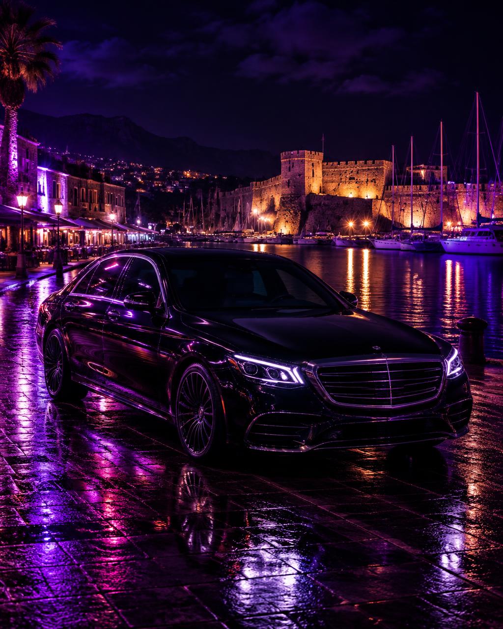 Luxury private car by Girne harbor at night